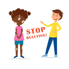 Bad boy laughing at the girl with vitiligo. Stop bullying. Vector illustration