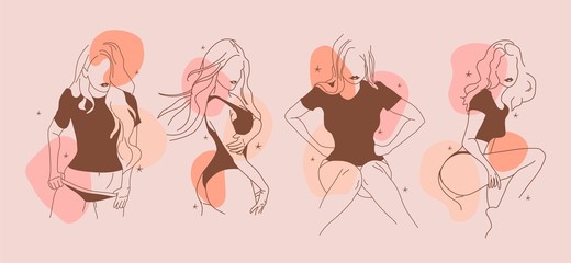 Faceless girls set. Fashion illustrations. Hand drawn vector. Outline body parts.