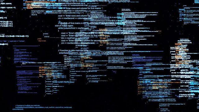 Page with source codes on black background. Animation. Overlapping source codes in cyberspace. Background of many changing source codes. Programming concept