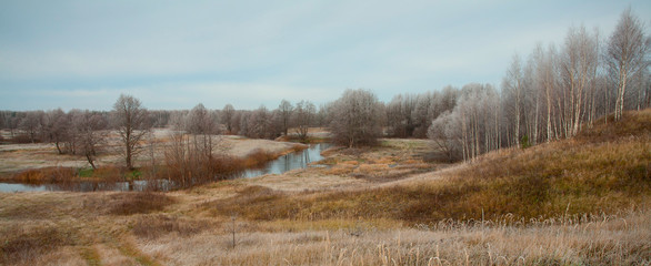 Autumn natural landscape with river and forest. Cold cloudy morning. The grass is white with frost.