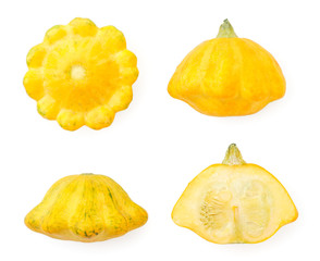 Set of yellow squash whole and half on white isolated background. The view from top