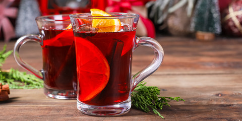 mulled wine in a glass aromatic winter drink wine and juice serving size beverage New Year's and Christmas natural product portion top view place for text copy space