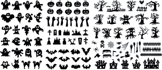 Set of silhouettes of Halloween on a white background. Vector illustration	