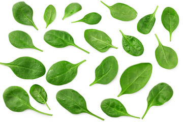 spinach leaves isolate on white background. Healthy food. Top view.