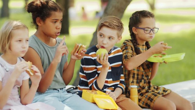 Diverse boys and girls of primary school age sitting on bench in the park, eating sandwiches and fruit while having lunch together outdoors on summer day