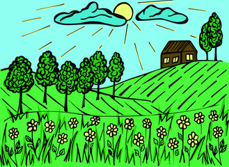 Rural landscape, farmhouse on the hill. Green fields, trees and flowers. Vector
