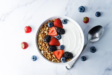 Fresh breakfast with greek yogurt nuts oatmeal granola with berries in a bowl