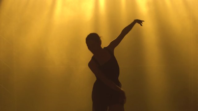 Professional ballerina dancing ballet in spotlights and smoke on stage. Silhouette of a beautiful slim figure.