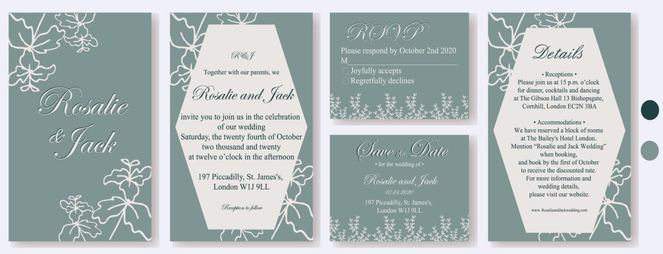 Templates of invitation cards for wedding. Vector template. Set with: wedding invitation design, save the date, RSVP and details cards.