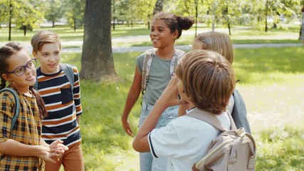 Group of positive multiethnic schoolchildren with backpacks smiling and discussing something while standing together on green lawn in park