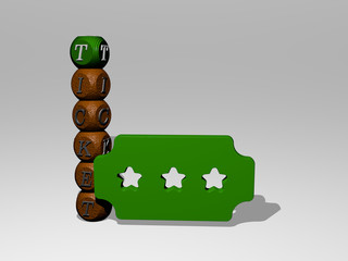ticket 3D icon and dice letter text - 3D illustration for background and design