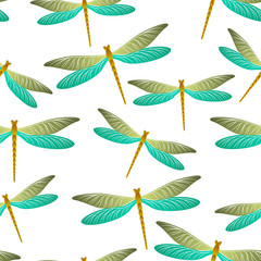 Dragonfly charming seamless pattern. Repeating clothes fabric print with damselfly insects. Graphic 