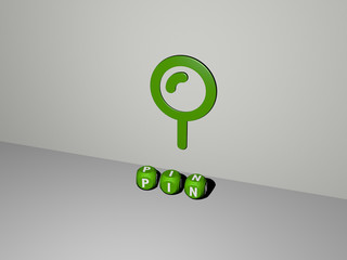 PIN 3D icon on the wall and text of cubic alphabets on the floor - 3D illustration for map and background