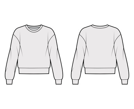 Cotton-terry sweatshirt technical fashion illustration with relaxed fit, crew neckline, long sleeves. Flat outwear jumper apparel template front, back, grey color. Women, men, unisex top CAD mockup