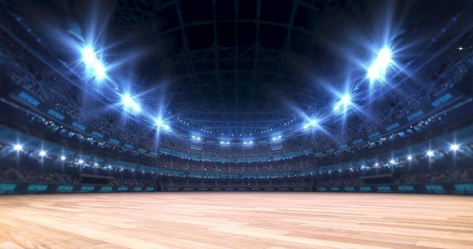 Sport stadium video background with wooden surface playground, flashing lights and cheering crowd. Glowing stadium lights in 4k loop animation.