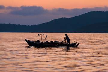 A fishing boat out at dawn, Ambracian Gulf, Vonitsa, Greece: 