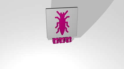 3D graphical image of bug vertically along with text built by metallic cubic letters from the top perspective, excellent for the concept presentation and slideshows for background and illustration