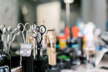 Close-up of haircutting scissors on table in salon