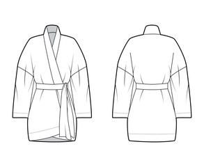 Kimono technical fashion illustration with relaxed fit, long wide sleeves, belt to cinch the waist, above-the-knee length. Flat apparel blouse template front, back white color. Women men unisex shirt