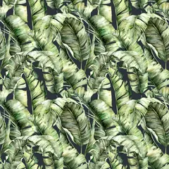 Wallpaper murals Tropical set 1 Watercolor dark seamless pattern with tropical banana leaves. Hand painted exotic leaves and branches isolated on black background. Floral spring illustration for design, print, fabric or background.