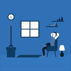 a man watching television at home - two tone flat illustrations 