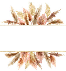 Watercolor tropical banner with dry pampas grass and gold textures. Hand painted exotic plant isolated on white background. Floral illustration for design, print, fabric or background. - obrazy, fototapety, plakaty