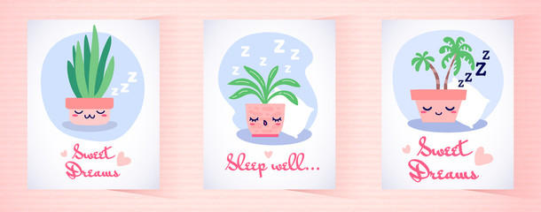 Sleep well and sweet dreams cute greeting cards set with kawaii plants snoring with ZZZ text in flat style.