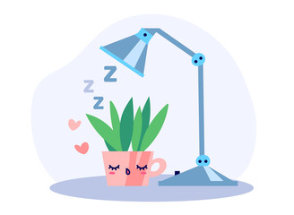 Fototapeta premium Kawaii cute potted sleeping plant under the lamp in the night in flat style. Can be used for greeting cards or posters or interior elements, stickers, hygge illustrations etc.