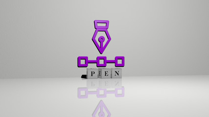 PEN text of cubic dice letters on the floor and 3D icon on the wall - 3D illustration for background and business