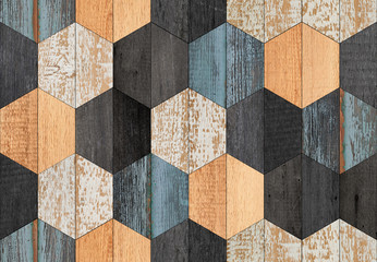 Weathered wood texture background. Colorful seamless wooden wall with hexagonal pattern made of...