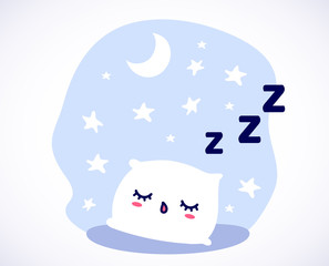 Kawaii cute sleeping cozy pillow in the night with ZZZ text in flat style. Can be used for greeting cards or posters or interior design, stickers, hygge illustrations or insomnia leaflets etc.