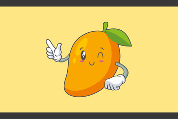 WINK, SMILING, cheerful, Smiling Face Emotion. Forefinger Hand Gesture. Yellow Mango Fruit Cartoon Drawing Mascot Illustration.
