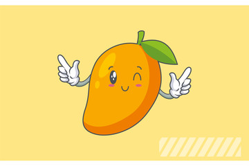WINK, SMILING, cheerful, Smiling Face Emotion. Double Forefinger Handgun Hand Gesture. Yellow Mango Fruit Cartoon Drawing Mascot Illustration.
