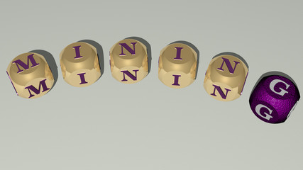 mining curved text of cubic dice letters - 3D illustration for background and bitcoin