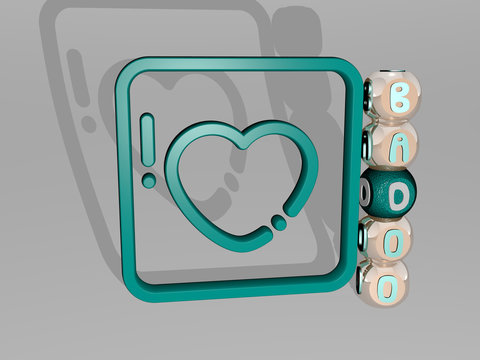 badoo 3D icon beside the vertical text of individual letters - 3D illustration