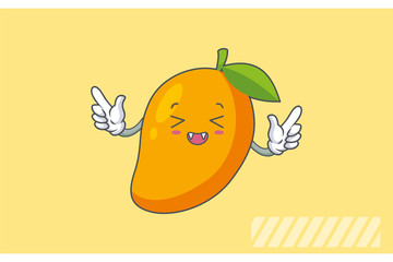 LAUGHING, HAPPY, FUN, cheerful Face Emotion. Double Forefinger Handgun Hand Gesture. Yellow Mango Fruit Cartoon Drawing Mascot Illustration.