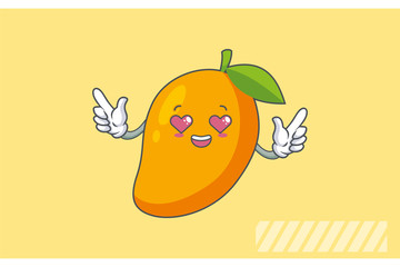 LOVELY, HAPPY, LOVING IN LOVE, HEART EYE Face Emotion. Double Forefinger Handgun Hand Gesture. Yellow Mango Fruit Cartoon Drawing Mascot Illustration.