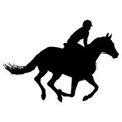 Silhouette of horse and jockey on white background