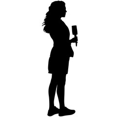 Silhouette operator removes journalist with microphone on a white background