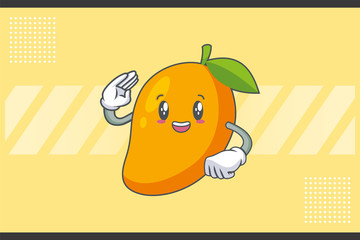 SMILING, HAPPY, cheerful Face Emotion. Salute Hand Gesture. Yellow Mango Fruit Cartoon Drawing Mascot Illustration.