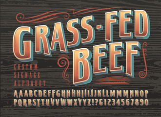 Grass-Fed Beef Custom Signage Alphabet. A Condensed Font with Ornate Detailing & Alternate Characters. Great for Food Service Signage, Food Trucks, Markets. This Lettering has a Classic Signage Style.