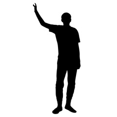 Black silhouettes man with arm raised on a white background