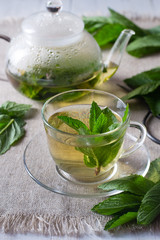 Mint tea in cup and pot.