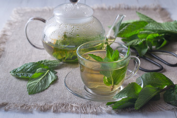 Mint tea in cup and pot.