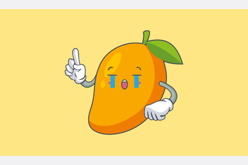 CRYING, SAD, SOB, CRY Face Emotion. Forefinger Hand Gesture. Yellow Mango Fruit Cartoon Drawing Mascot Illustration.