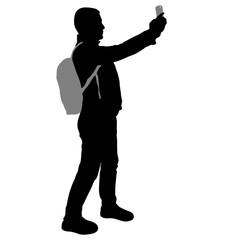 Silhouettes man taking selfie with smartphone on white background