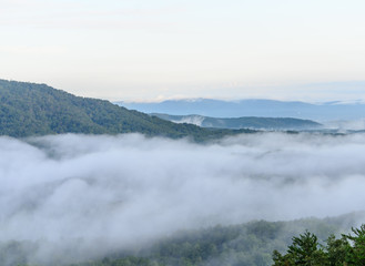 Naklejka premium fog in the valley below a scenic overlook along the skyway motorway in the talladega national forest, alabama, usa