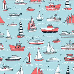 Water transport: boat, ship, yacht vector hand drawn doodle seamless pattern