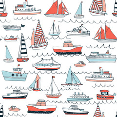 Water transport: boat, ship, yacht vector hand drawn doodle seamless pattern