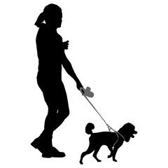 Silhouette of woman and dog on a white background